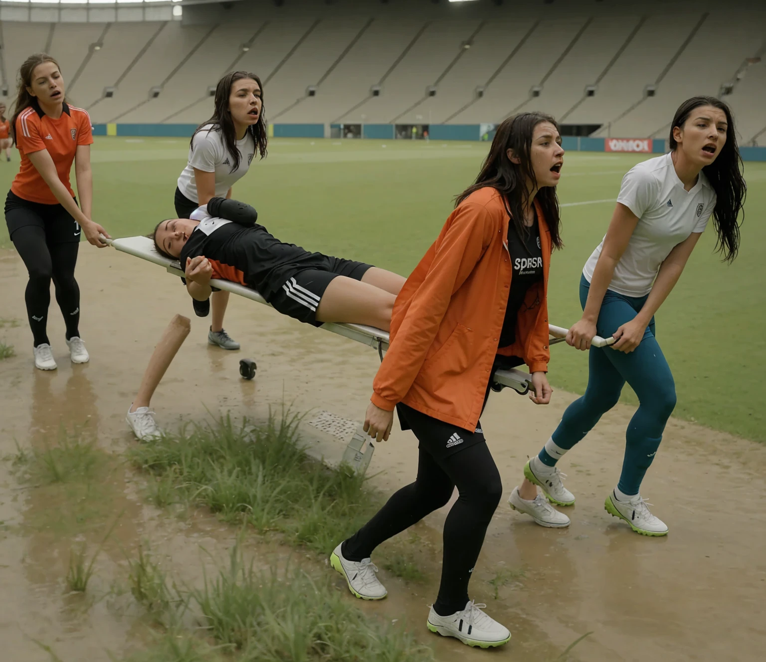 a soccer scene in a sports stadium, cool and wet weather conditions, humide ground, rainy sky, injury scene in a sports stadium, stretcher carry, there are four female medics carrying a stretcher, there are four female medics in very shiny coats who are carrying a stretcher in a sports stadium, there is a wounded male soccer player in a matte short cotton sports outfit lying on the stretcher, an injured male soccer player in matte cotton sportswear is lying in pain on a stretcher, a soccer player in matte cotton sports clothes is rearing up in intense pain while lying on a stretcher, dramatic scene, theatralic posing scene, dramatic pity scene, injury soccer, first aid, help, pity, there are four female medics in wetlook high-shine coats who are looking very sad and very terrified and very shocked, the injured soccer player is screaming out in pain while he is carried from the pitch on a stretcher