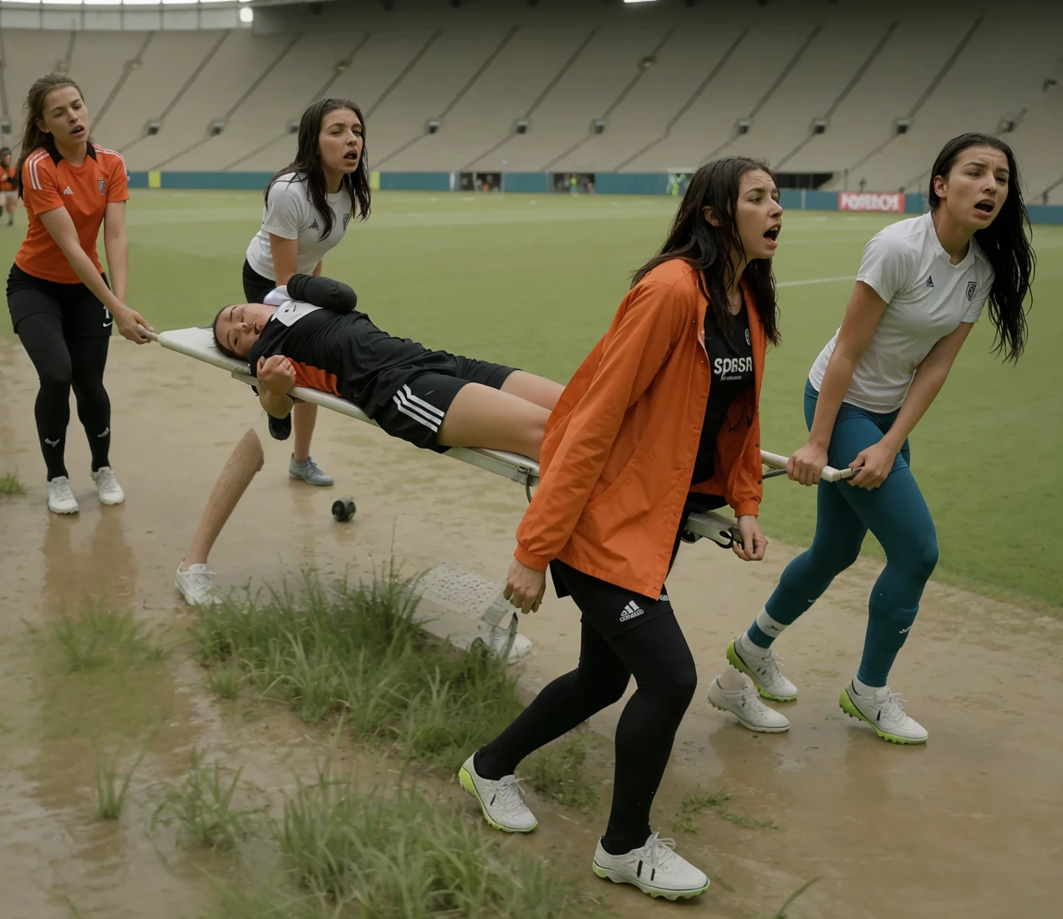 a soccer scene in a sports stadium, cool and wet weather conditions, humide ground, rainy sky, injury scene in a sports stadium, stretcher carry, there are four female medics carrying a stretcher, there are four female medics in very shiny coats who are carrying a stretcher in a sports stadium, there is a wounded male soccer player in a matte short cotton sports outfit lying on the stretcher, an injured male soccer player in matte cotton sportswear is lying in pain on a stretcher, a soccer player in matte cotton sports clothes is rearing up in intense pain while lying on a stretcher, dramatic scene, theatralic posing scene, dramatic pity scene, injury soccer, first aid, help, pity, there are four female medics in wetlook high-shine coats who are looking very sad and very terrified and very shocked, the injured soccer player is screaming out in pain while he is carried from the pitch on a stretcher