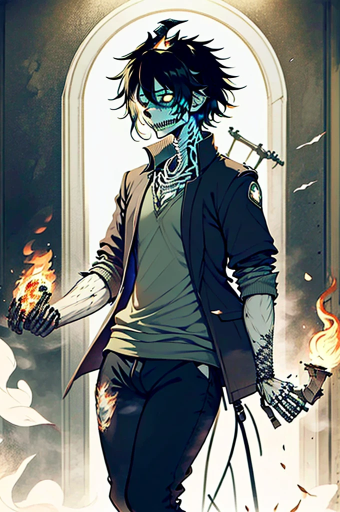 a humanoid goat skeleton, breathing fire from its mouth, its hair covered in ashes, wearing a burned green sweater and black pants, highly detailed, 4k, dark fantasy, dramatic lighting, cinematic composition, moody atmosphere, vivid colors, intricate details,horror