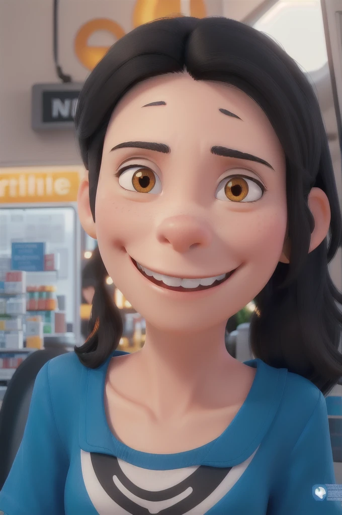 A woman with white skin, elongated face, smiling, straight medium black hair loose, very small black eyes slightly slanted, thin, smiling,
white pharmacy uniform style shirt with a small logo
youthful appearance, orange pants,
8k, pixar style