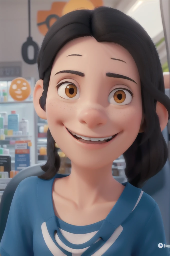 A woman with white skin, elongated face, smiling, straight medium black hair loose, very small black eyes slightly slanted, thin, smiling,
white pharmacy uniform style shirt with a small logo
youthful appearance, orange pants,
8k, pixar style