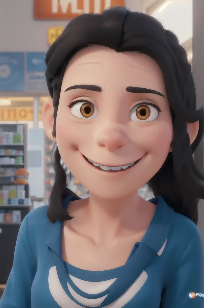 A woman with white skin, elongated face, smiling, straight medium black hair loose, very small black eyes slightly slanted, thin, smiling,
white pharmacy uniform style shirt with a small logo
youthful appearance, orange pants,
8k, pixar style