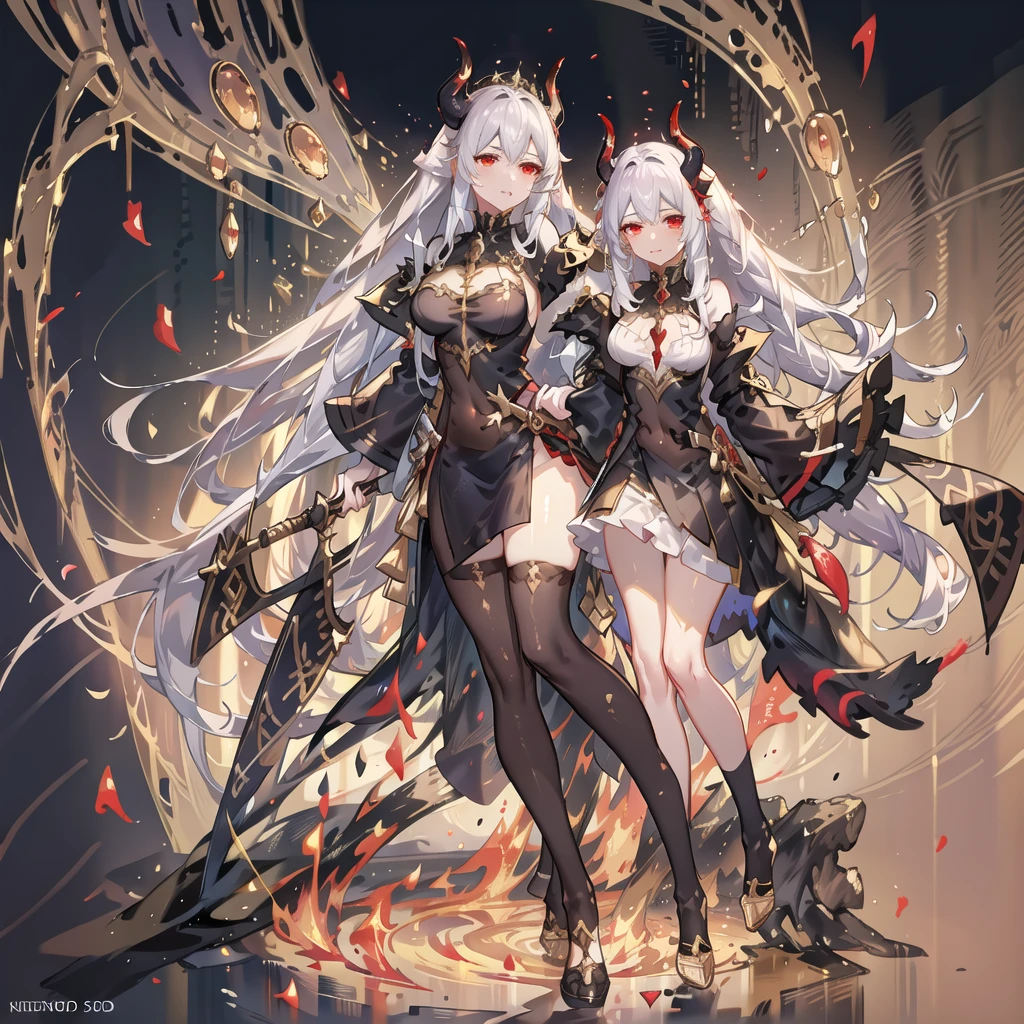 Demon Empress One woman White Hair Red Eyes Gold Horn Big Breasts Beautiful feet Food is human strongest Rule the Demon World Black and gold armor A sword that cuts through everything in his right hand、The flames of hell that burn everything in my left hand Hall々Standing(Highest quality、Highest quality、detailed、8k)