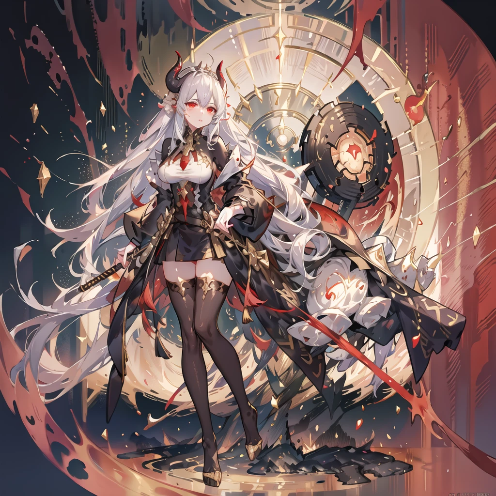 Demon Empress One woman White Hair Red Eyes Gold Horn Big Breasts Beautiful feet Food is human strongest Rule the Demon World Black and gold armor A sword that cuts through everything in his right hand、The flames of hell that burn everything in my left hand Hall々Standing(Highest quality、Highest quality、detailed、8k)