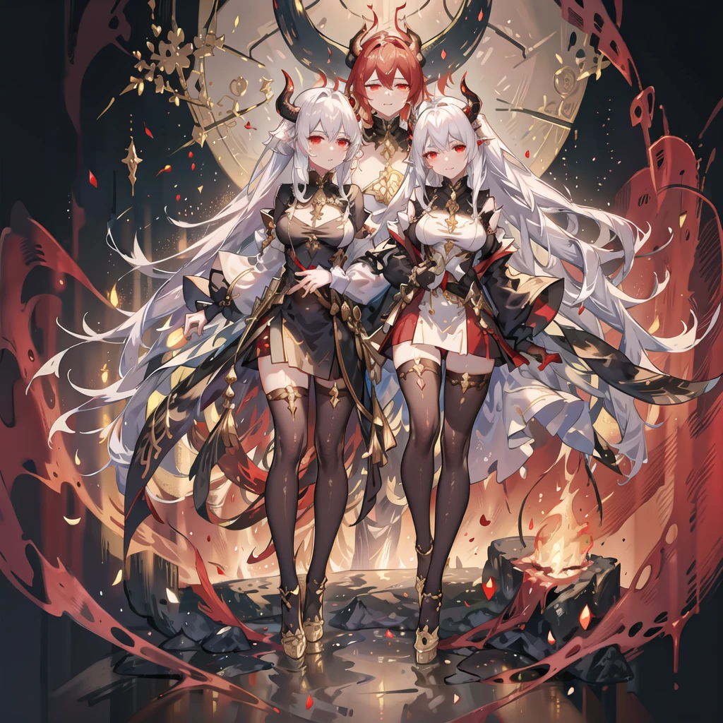 Demon Empress One woman White Hair Red Eyes Gold Horn Big Breasts Beautiful feet Food is human strongest Rule the Demon World Black and gold armor A sword that cuts through everything in his right hand、The flames of hell that burn everything in my left hand Hall々Standing(Highest quality、Highest quality、detailed、8k)