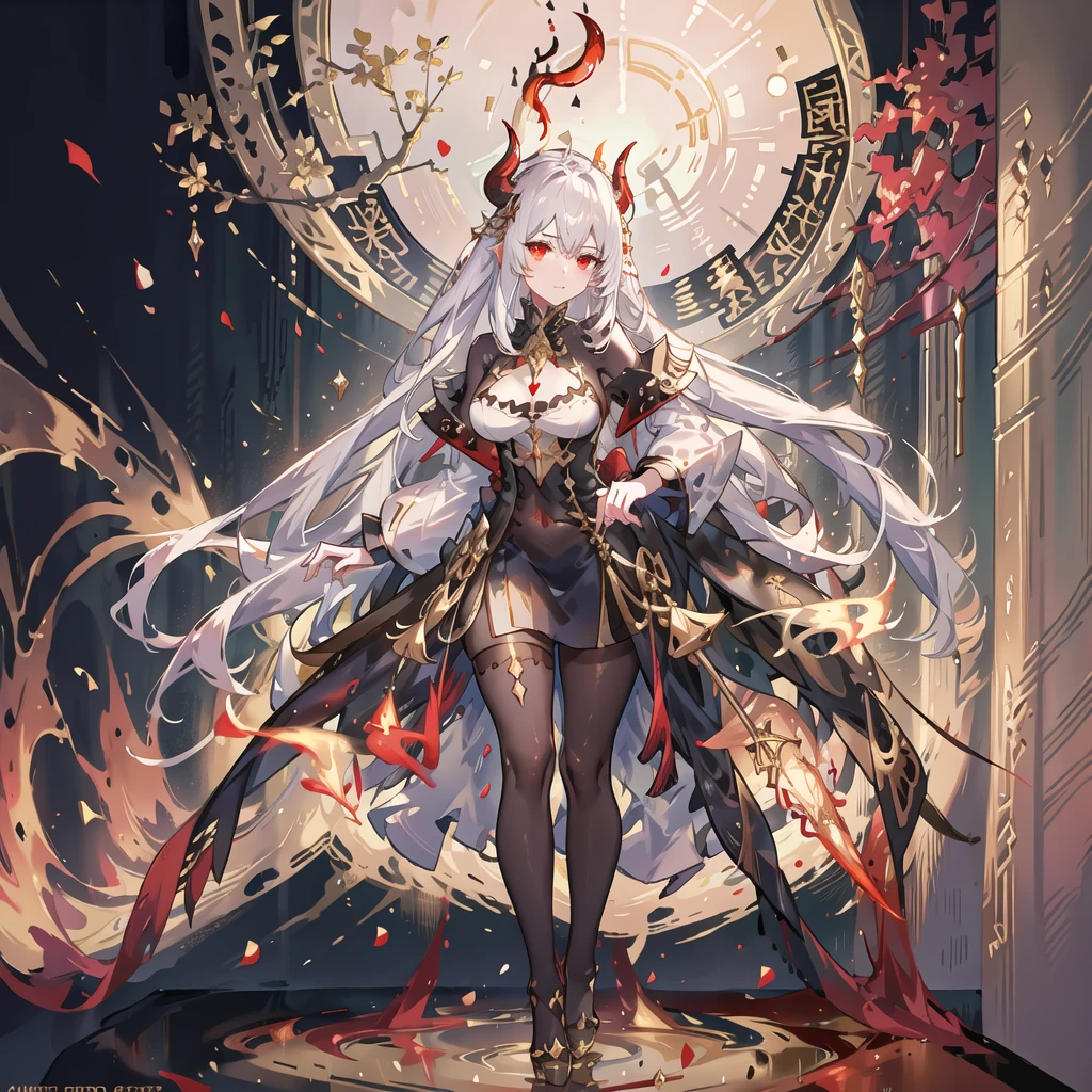 Demon Empress One woman White Hair Red Eyes Gold Horn Big Breasts Beautiful feet Food is human strongest Rule the Demon World Black and gold armor A sword that cuts through everything in his right hand、The flames of hell that burn everything in my left hand Hall々Standing(Highest quality、Highest quality、detailed、8k)