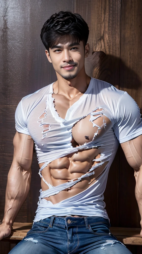 (Create a masterpiece), (CGI art),(realistic), (Sharp focus), korean men 1 คนบาดเจ็บโดนจับมัด, (Wear a navy tight T-shirt.:1.3), jeans, korean men, chest muscles, large arm muscles, blood vessel, big muscles, Broad shoulders, looking at the audience, Balancing eye contact), (Big bulge: 1.4), (Torn shirt: 1.5), (Torn shirtวิ้น: 1.6), (Close your eyes..), (smile: 1.3), (Blood stains.: 1.2) ,Sitting on a table in a dark prison ,chip, His arms were tied with rope.., Hands crossed behind your back..,((Torn injection shirt)), ((Torn shirt)), , Abrasions on the body... ,Abrasions,( blood splatter), Abrasions on the face , dark cave