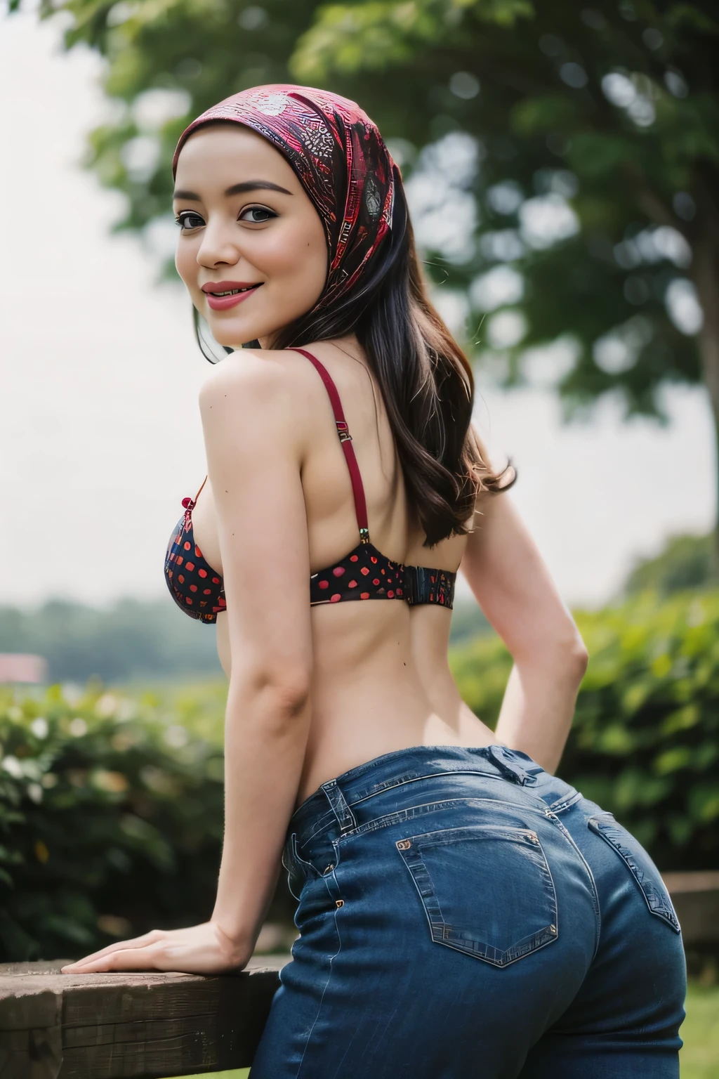 Malay girl wearing hijab, undersize red wine satin bra (polkadot pattern), tight jeans, open shirt, portrait photography, ultra detail, professional photograph with professional lighting, smile, at the garden, outdoor background, curly hair, sexy seducing pose, curvy body, butt closed up angle