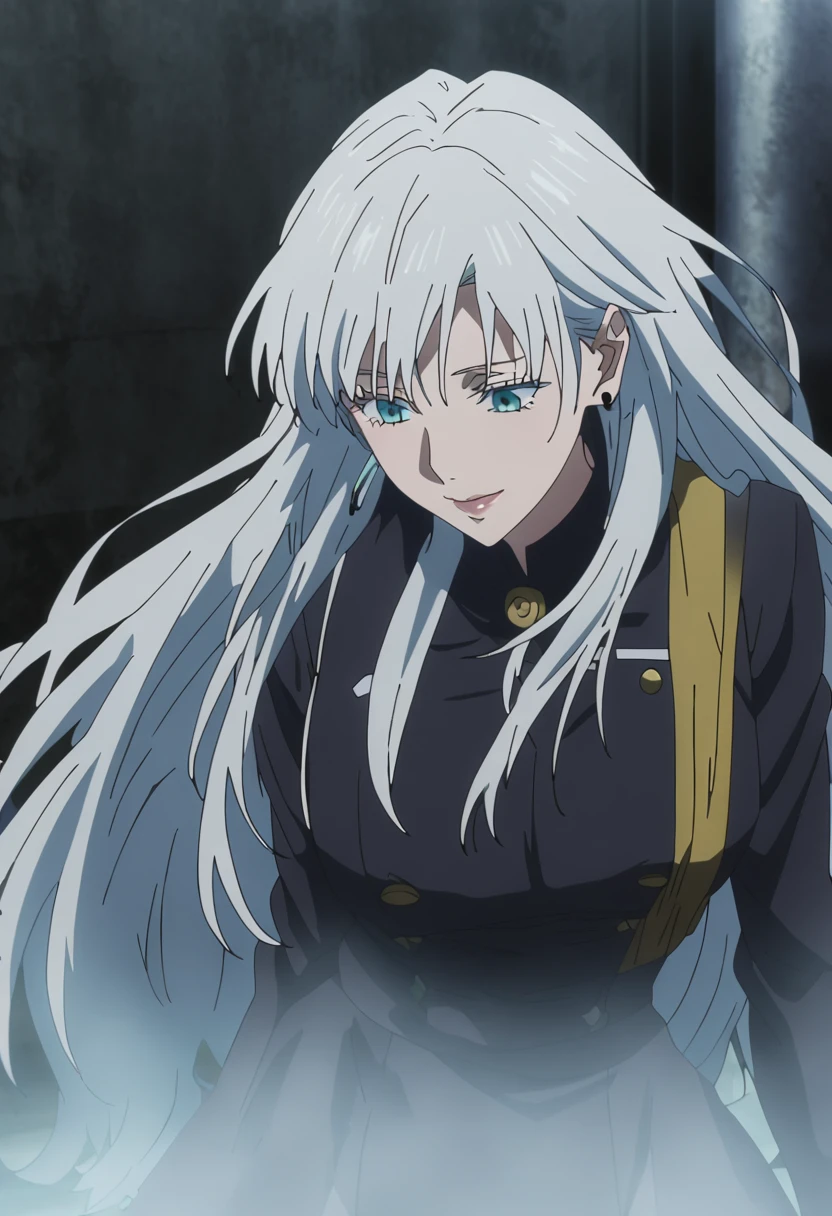1girl, female gojo satoru, anime screencap from jujutsu kaisen, gojo satoru female version, solo, long_hair, ((White_hair)), (hanging breasts) upper_body, smile, lips, (long hair) ((wearing black colour girls uniform with golden button)) breast, "very detailed and high resolution" ((solo)) (((front view))) (earings) ((high resolution)) ((good quality)) ((silky hair)) ((full body))