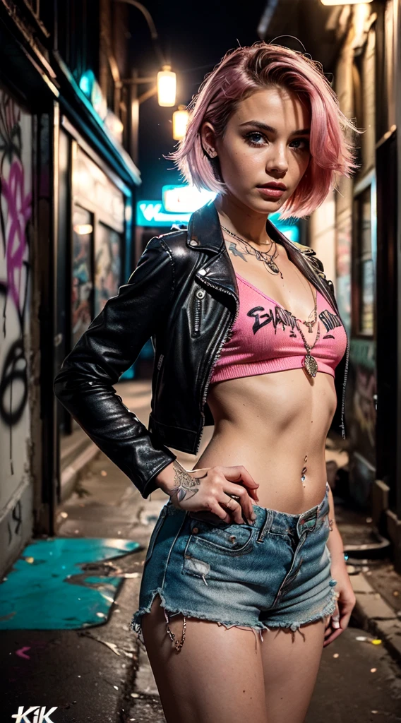 (Ultra-detailed eyes), (((textile shading))), (((Best Quality))), (((materpiece))), (((Ultra-detailed CG))), sassy 18 years old american girl, (((magical little girl))), (Petite), (tiny chest), blonde wavy hair with pink streaks, ((gorgeous hair)), Pink eyes, (((punk girl, leather jacket, y2k ripped shorts))), ((striking a pose)), (((Game CG)) (gorgeous, sassy, it girl), fancy jewelry, graffiti-covered walls,neon lights,vibrant colors,night scene,gritty atmosphere,4K, strong punk atmosphere, cowboy shot, midshot, centered image, eye on camera, daylight,satin Shorts,