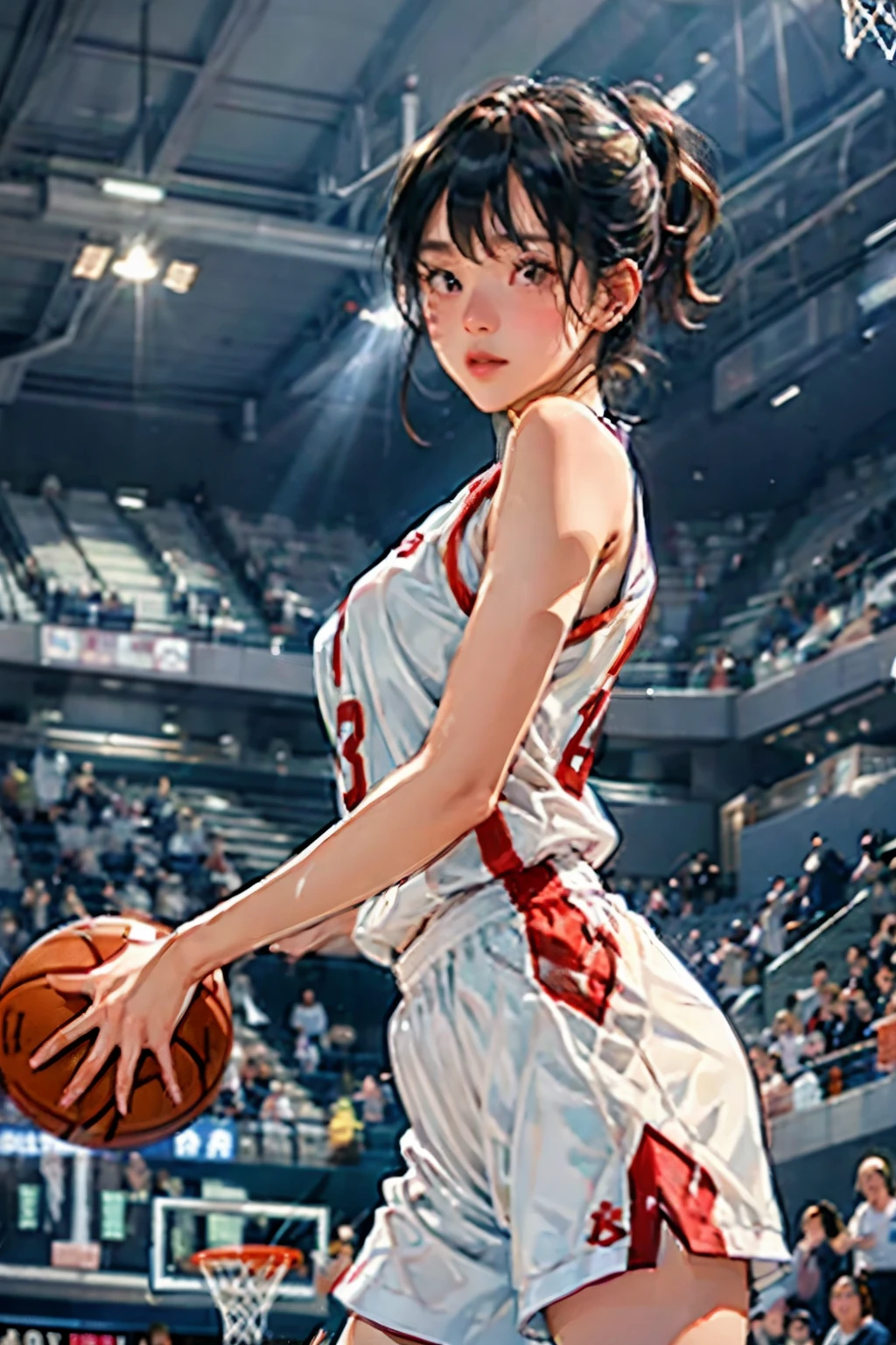 ((Female Basketball Player))、Young and beautiful girl、美しい顔のdetailedな描写、alone、(scence of slam dunk)、(Dunk Shot)、(Jumping Chute)、Goal Post、Close-up、Motion Blur、Dynamic Angle、stadium lighting、Blur the background、8Kdetailed、(detailed、masterpiece、Highest quality)、