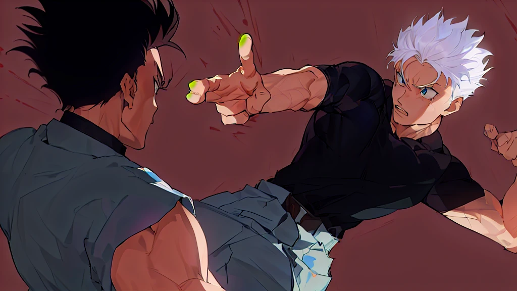 anime character with white hair and blue eyes pointing at another character, close-up fight, baki style, fight pose, heavy gesture style closeup, hajime no ippo manga inspired, fighting pose, by Shingei, anime fight, badass pose, fighting stance, kentaro miura manga art style, high quality fanart, aggressive pose, fistfighting