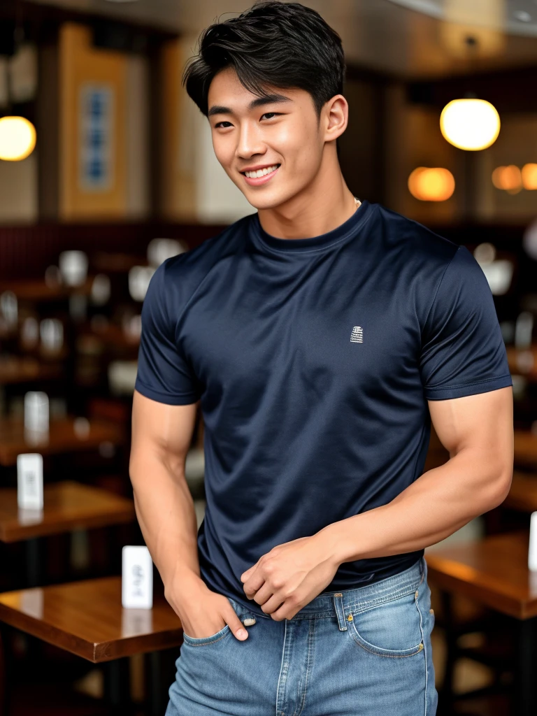 single: 1.5, (ที่TRUEแล้ว, Masterpiece, 8k HD, good light quality, sportswear, to fit the face, complicated details), A handsome Korean man with muscular arms.. , 20 years old, be happy, smile brightly, detailed face, delicate eyes, look at the sky, Wear a navy tight T-shirt..:1.6 ,Wear a denim coat.., Jeans era, black eyes, Black hair color, ผมsmooth, smooth,SurTRUE,Excellent details,Highest quality,TRUE,Open your mouth to talk.. , Close your eyes.., (Standing in a restaurant:1.5)