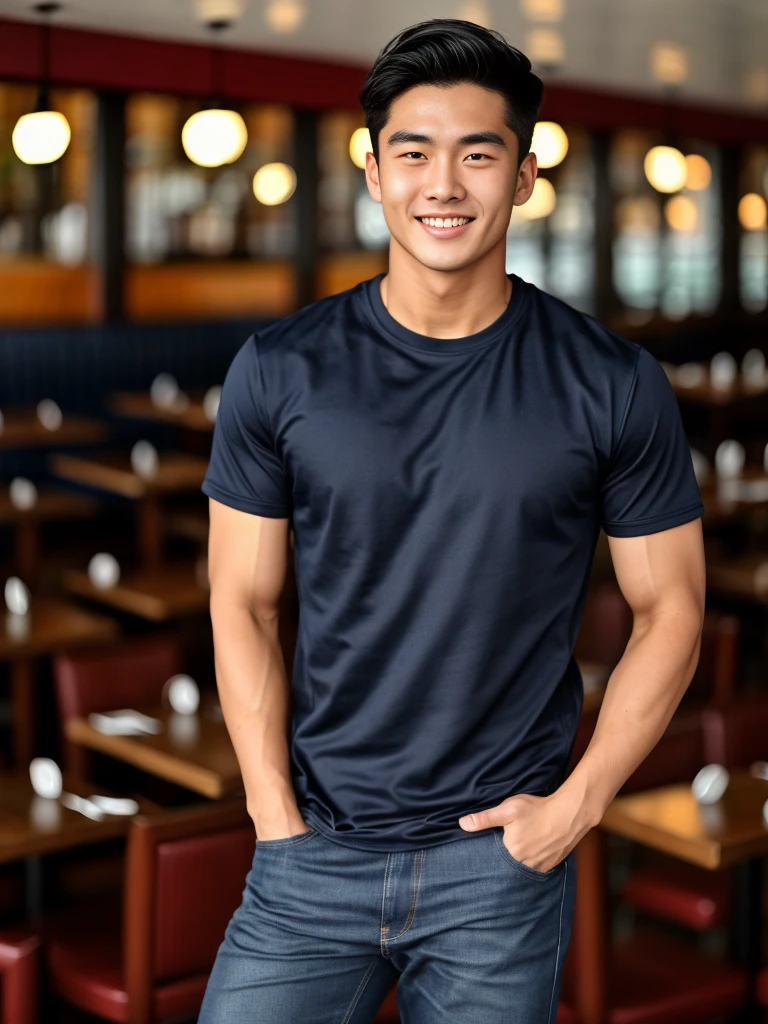 single: 1.5, (ที่TRUEแล้ว, Masterpiece, 8k HD, good light quality, sportswear, to fit the face, complicated details), A handsome Korean man with muscular arms.. , 20 years old, be happy, smile brightly, detailed face, delicate eyes, look at the sky, Wear a navy tight T-shirt..:1.6 ,Wear a denim coat.., Jeans era, black eyes, Black hair color, ผมsmooth, smooth，SurTRUE，Excellent details，Highest quality，TRUE，Open your mouth to talk.. , Close your eyes.., (Standing in a restaurant:1.5)