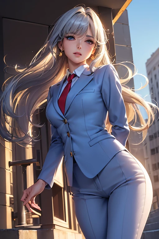 #Basics A girl is posing for a photo, animeのかわいい女の子, (((One Girl)), ((Baby Face)), ((Young girl)), ((16 years old))), 
BREAK 

#Clothing Accessories 
((Blue business suit with gold trim : White dress shirt + Red tie + Blue suit vest + blue suit jacket + Blue suit slacks), Black high heels), 
Gold hoop earrings, Silver Necklace, 
BREAK 

#Features 
((Silver Hair)), (Curly hair), (Long Hair : Long Hair + Fuller, more voluminous hair + Inwardly curled hair + Hair blowing in the wind), 
(Very thin eyebrows:0.5), 
(Droopy eyes, blue eyes), (Small breasts), 
BREAK 

#background environment 
(noon、(Sunlit office district, Sidewalk, congestion, Building district)), 
#Facial Expression Pose 
((smile  (A powerful and confident walking pose)), 
#composition 
((Face the camera, Angle from the front, Cowboy Shot:1.4)),  
BREAK 

#Body parts elements 
(Detailed hair, Beautiful Hair, Shiny Hair), 
(double eyelid, Long eyelashes), 
(Expression of fine eyes, Beautiful and delicate eyes, Sparkling eyes, Eye Reflexes, Glitter Eyeliner), 
(Human Ear), 
(Beautiful Nose, Thin Nose), 
(Glossy lips, Beautiful Lips, Thick lips, Glossy Lips, Natural Cheeks), 
(Detailed face, Symmetrical facial features), 
(Detailed skin, Textured skin, Beautiful Skin, Shiny skin), 
BREAK 

#Quality 
(((Highest quality)), ((masterpiece)), ((Very detailed))), ((High resolution), (16K,1080P)), 
(Realistic), (Anatomically correct), 
((comics, anime)), (3DCG), CG illustration,
