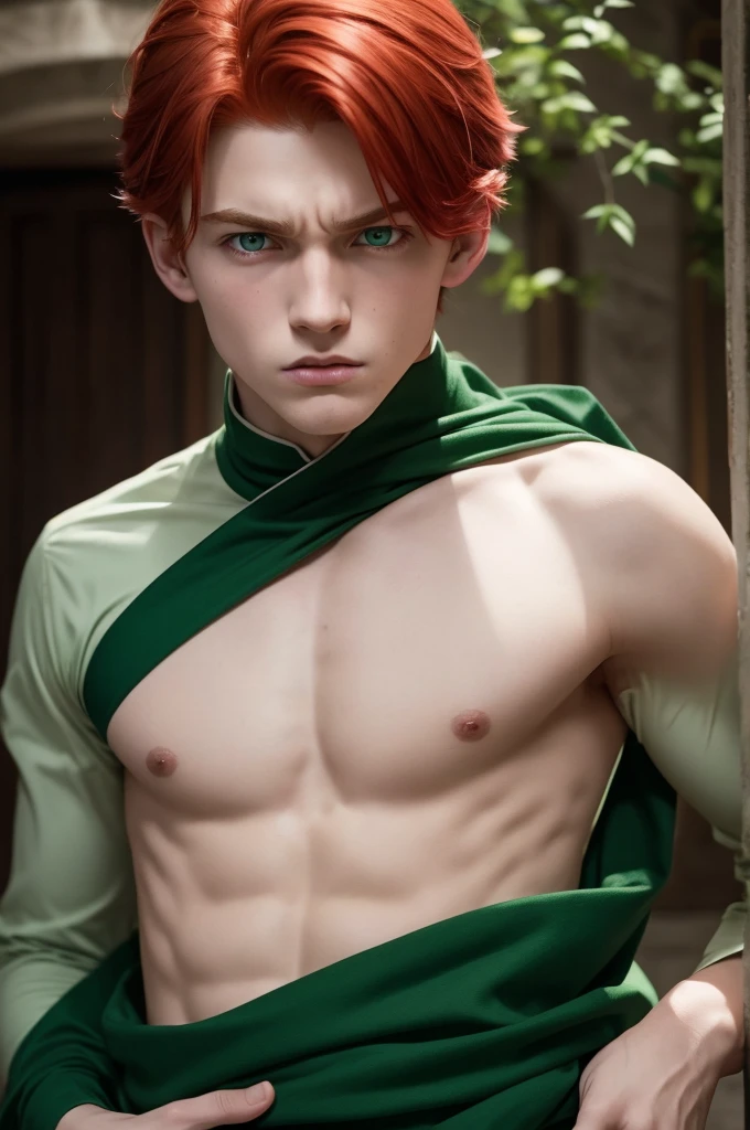 15 year old red haired boy with emerald green eyes, sneer, Slytherin