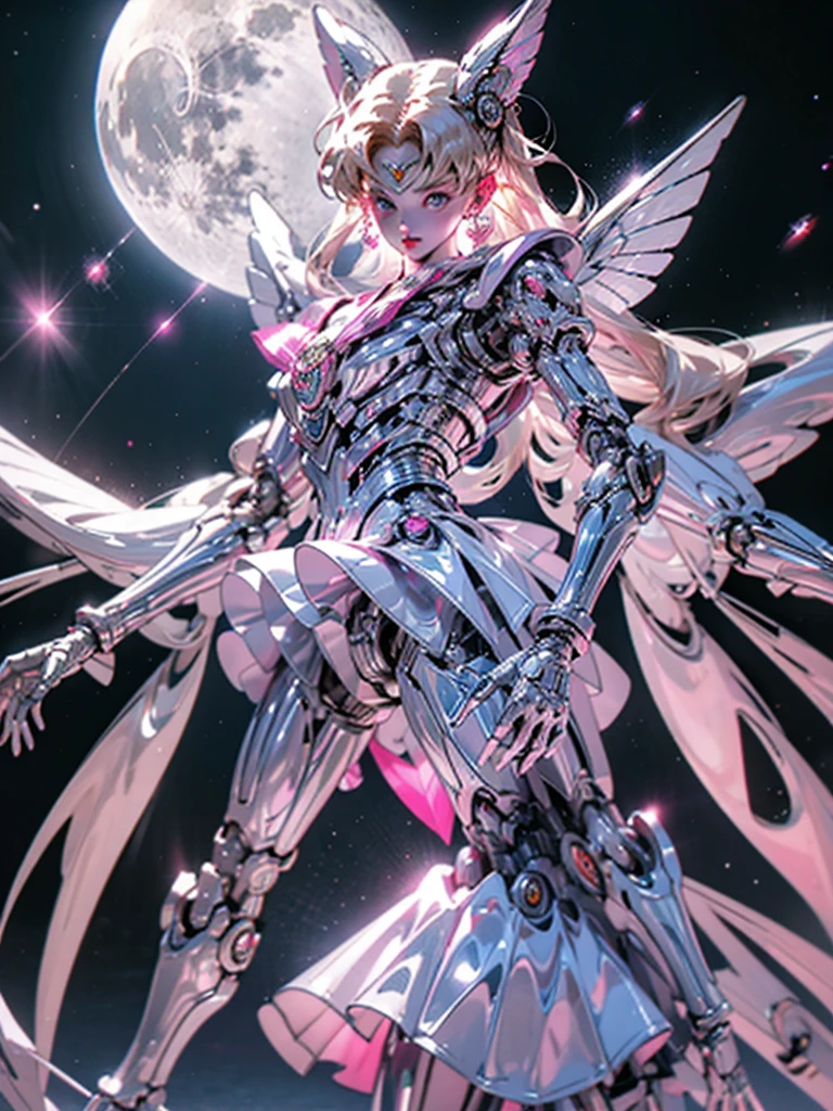 1 mechanical girl: 1.4, Sailor Moon, white mechanical arm, humanoid body, pink sailor suit, good-looking face, sailor Moon, moon hare, rabbit ears, mechanical ears, white blouse, blonde hair, mechanical arm, pink skirt, side, heart-shaped robot in the background, sci-fi background, complex background, hair glowing hair, forehead hair light, moon, panorama, mechanical wings, large wings in the background