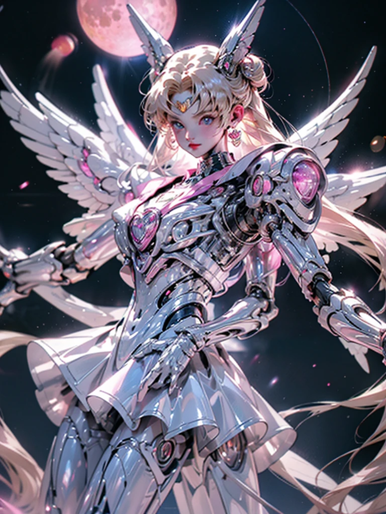 1 mechanical girl: 1.4, Sailor Moon, white mechanical arm, humanoid body, pink sailor suit, good-looking face, sailor Moon, moon hare, rabbit ears, mechanical ears, white blouse, blonde hair, mechanical arm, pink skirt, side, heart-shaped robot in the background, sci-fi background, complex background, hair glowing hair, forehead hair light, moon, panorama, mechanical wings, large wings in the background