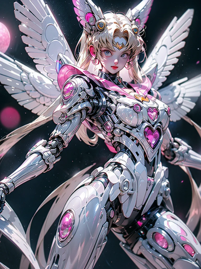 1 mechanical girl: 1.4, Sailor Moon, white mechanical arm, humanoid body, pink sailor suit, good-looking face, sailor Moon, moon hare, rabbit ears, mechanical ears, white blouse, blonde hair, mechanical arm, pink skirt, side, heart-shaped robot in the background, sci-fi background, complex background, hair glowing hair, forehead hair light, moon, panorama, mechanical wings, large wings in the background