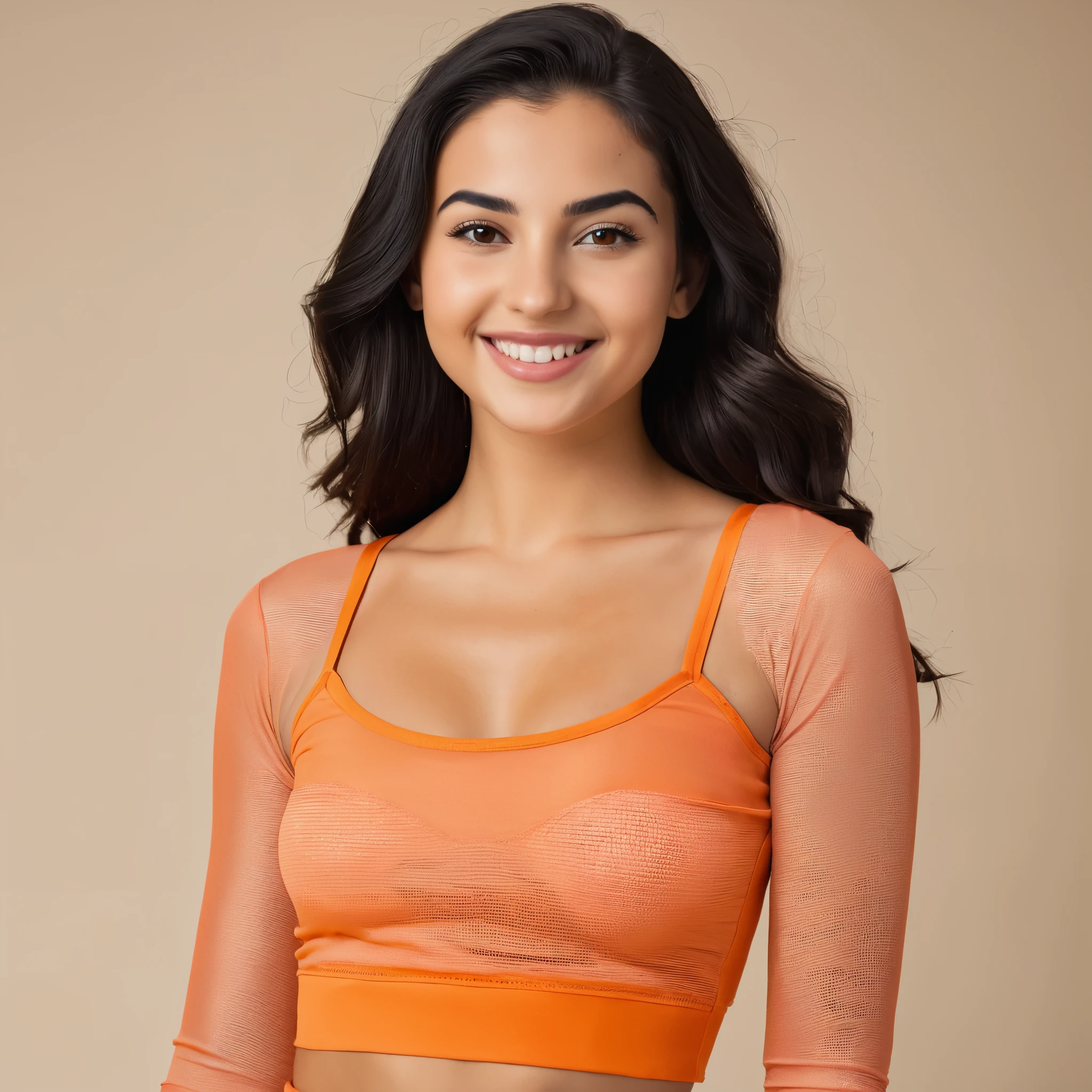 far shot, full body:1.3) photo of a smiling, (closed mouth:1.5) Bored Slender young 22 year old Albanian woman with Medium Wavy Angled black hair, Grey Large eyes, Round face, Prominent nose, Wide jaw, Wide mouth, Thick brows, Strong chin, (Tiny breasts:1.3), toned ass, (manicured nails:1.1),. She is wearing a (Orange Sheer crop top and leggings:1.1). she is naked