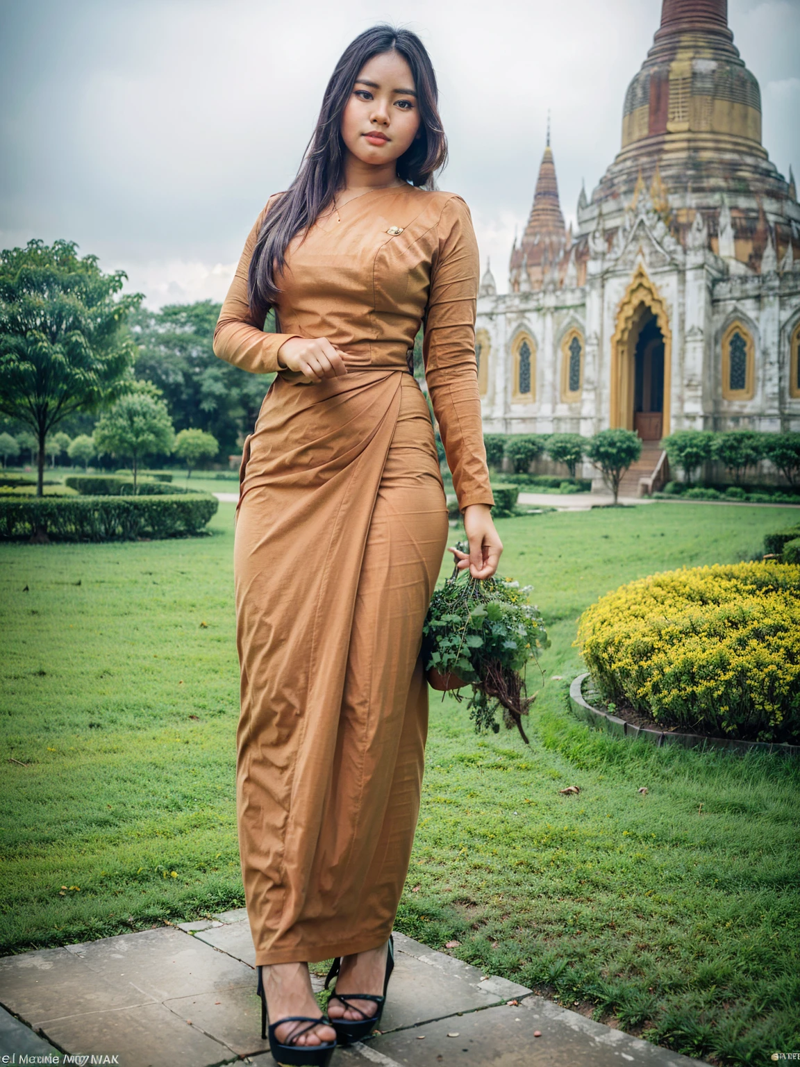 Create full body 3D image realistic photo of a beautiful girls, pretty lady MoonLay, in Myanmar outfit dress and high heel, farming in the background seance Bagan Pagoda in myanmar, cinematic enhance HDR portrait glow lighting, smooth face, perfect anatomy, cannon mark v, DSLR quality, perfect anatomy