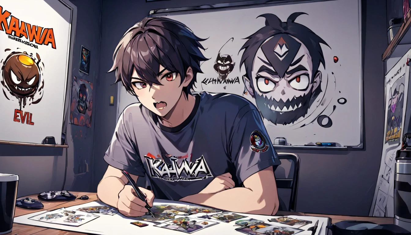 A gamer guys with tshirt has logo Kahwaa and cup of coffé plans on a whiteboard with pictures and papers hung on it, evil dark room , there is a scary faces and Puzzles on the wall,his tshirt has this Kahwaa name, evil room