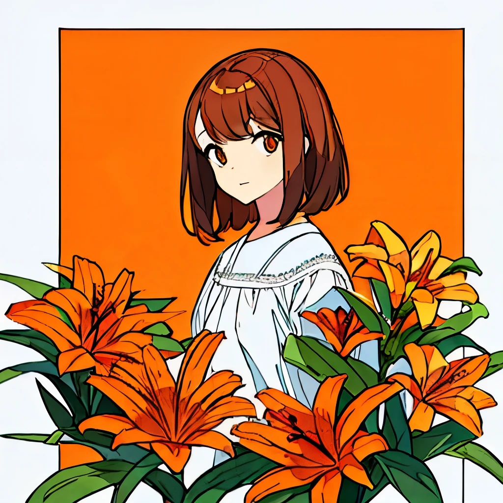 Orange plain background, lily flower, woman in white dress, brown hair, summer, nostalgic, simple