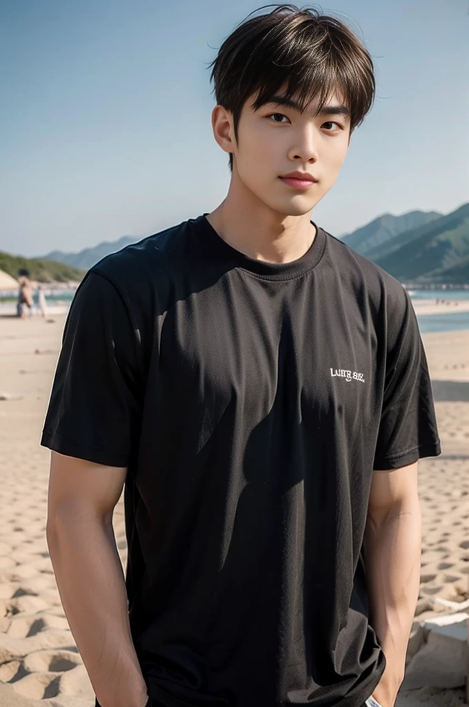 A young Asian man stands, handsome, muscular, looking at the camera. In a simple black t-shirt, Fieldside, grass, beach, sunlight