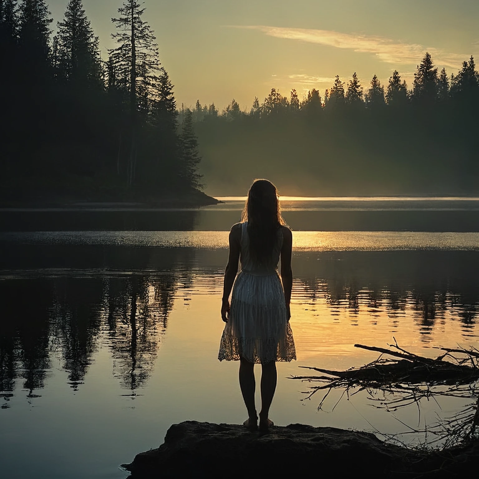 there is a woman standing on a rock looking out at the water, standing in a lake, beautiful girl on the horizon, setting in nature, girl watching sunset, beautiful  girl, perfect composition artem demura, near a lake, beautiful and mysterious, standing next to water, by Kurt Roesch, summer morning light, solitude, at sunrise