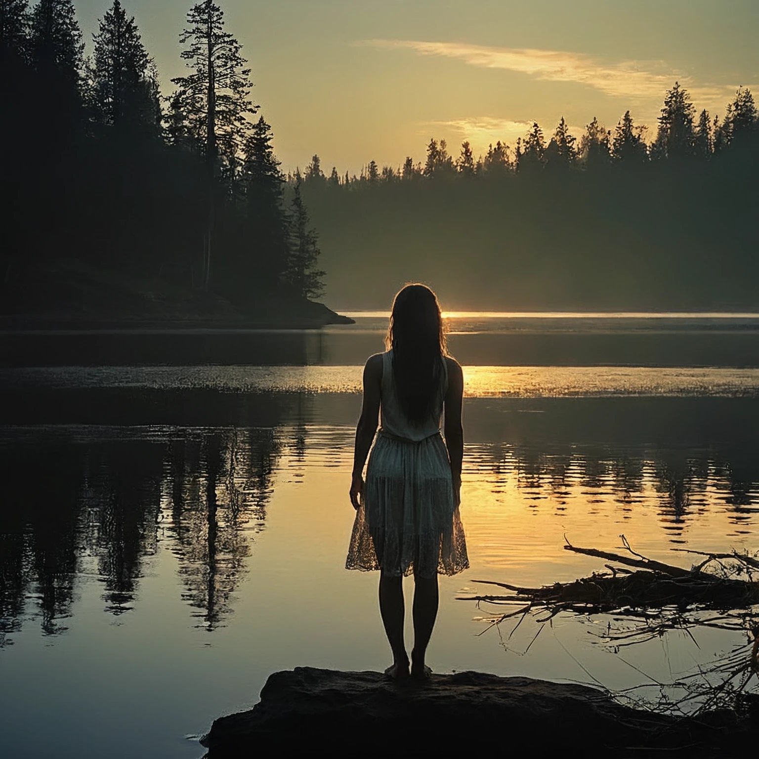 there is a woman standing on a rock looking out at the water, standing in a lake, beautiful girl on the horizon, setting in nature, girl watching sunset, beautiful girl, perfect composition artem demura, near a lake, beautiful and mysterious, standing next to water, by Kurt Roesch, summer morning light, solitude, at sunrise