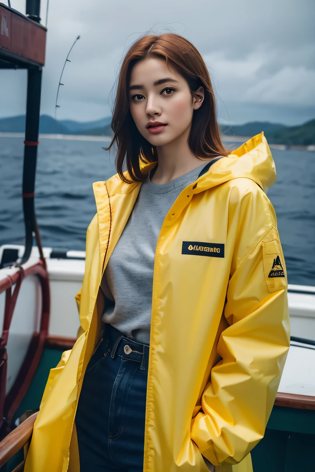 (masterpiece:1.2), best quality, photo of beautiful female fisherman, gingerhair, 40yo, wearing yellow raincoat, (on fishing boat:1.3), dark clouds, Photorealistic, Hyperrealistic, Hyperdetailed, analog style, hip cocked, demure, low cut, detailed skin, matte skin, soft lighting, subsurface scattering, realistic, heavy shadow, masterpiece, best quality, ultra realistic, 8k, golden ratio, Intricate, High Detail, film photography, soft focus