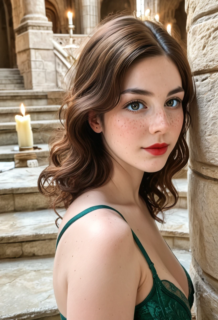 (GeGe:1.9), (woman), (brunette), (brown hair), (freckles:1.4), (Raw photo:1.2), (Photorealistic), Beautiful detailed girl, Very detailed eyes and face, Beautiful detailed eyes, Huge file size, High resolution, Very detailed, Best Quality, [masterpiece:1.6], Illustration, Very detailed, Fine detail, Best Quality, 32K Wallpaper, A majestic castle with ancient stone walls, grand staircases, and candlelit halls, offering a sense of mystery and grandeur, intricate  details, Beautiful girl, Perfect body shape, medium natural breast, pale skin, wavy hair, red lips, erotic body, low cut green tanga and bra, sexy pose, full body photo, leaning on a wall, side view