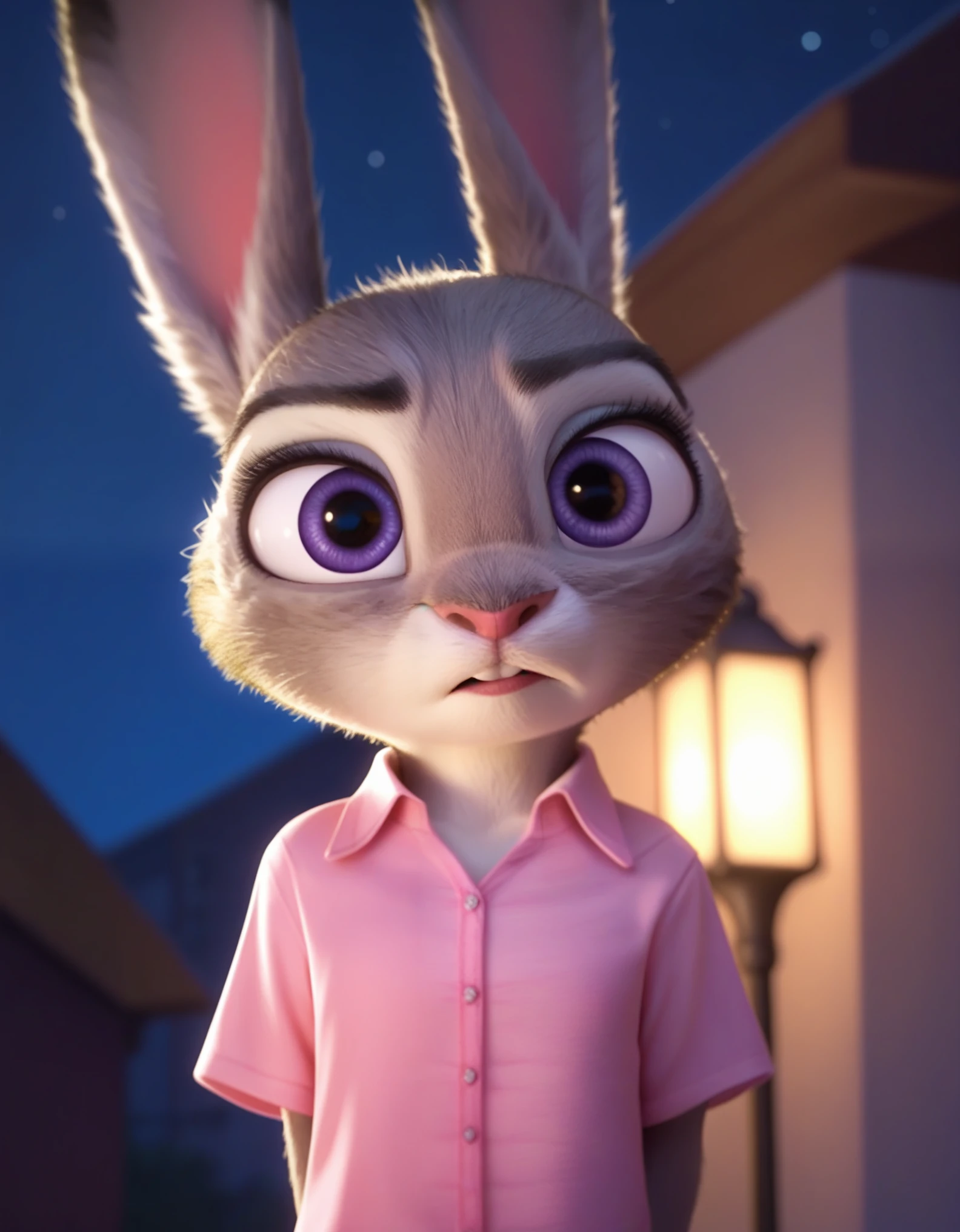 score_9, score_8_up, score_7_up, score_6_up, source_furry, judyhopps confused, dark, night, backlighting, solo, pink shirt, jeans, arms at sides, front view, portrait 