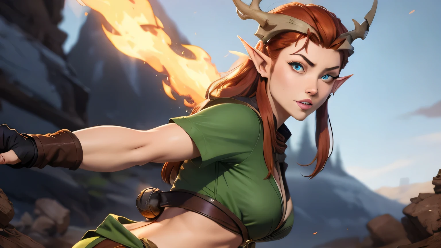 sexy female elf. red hair, druid, sexy pose, action pose, hot ass