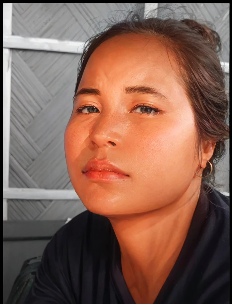 t - shirt, trench coat, , (photorrealistic:1.4), (best quality:1.0), (ultra highres:1.0), 8k, Foto RAW, (master part:0.2), ,, 1girl, skin detailed, Looking at Viewer, eyes browns, (cabelo curto com franja:1.2), (breasts big:1.0), (large areolas:0.8), , (pureerosface_v1:0.5)