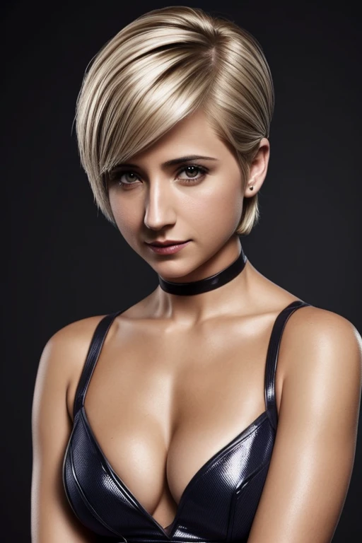 Gorgeous european woman with very short pixie hairstyle, wet hair, hair slicked back, combed straight back, slick hair, streaked blonde hair, seductive pose, allison mack, dressed in a revealing supergirl costume, cleavage, solid dark grey background