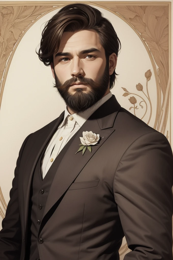 art style, thick ink lines, Portrait, Masterpiece, man, wearing a brown suit, The beard is very short., Very short dark brown hair, The background is old WANTED paper.