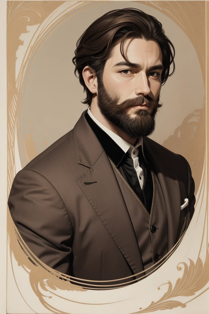 art style, thick ink lines, Portrait, Masterpiece, man, wearing a brown suit, The beard is very short., Very short dark brown hair, The background is old WANTED paper.