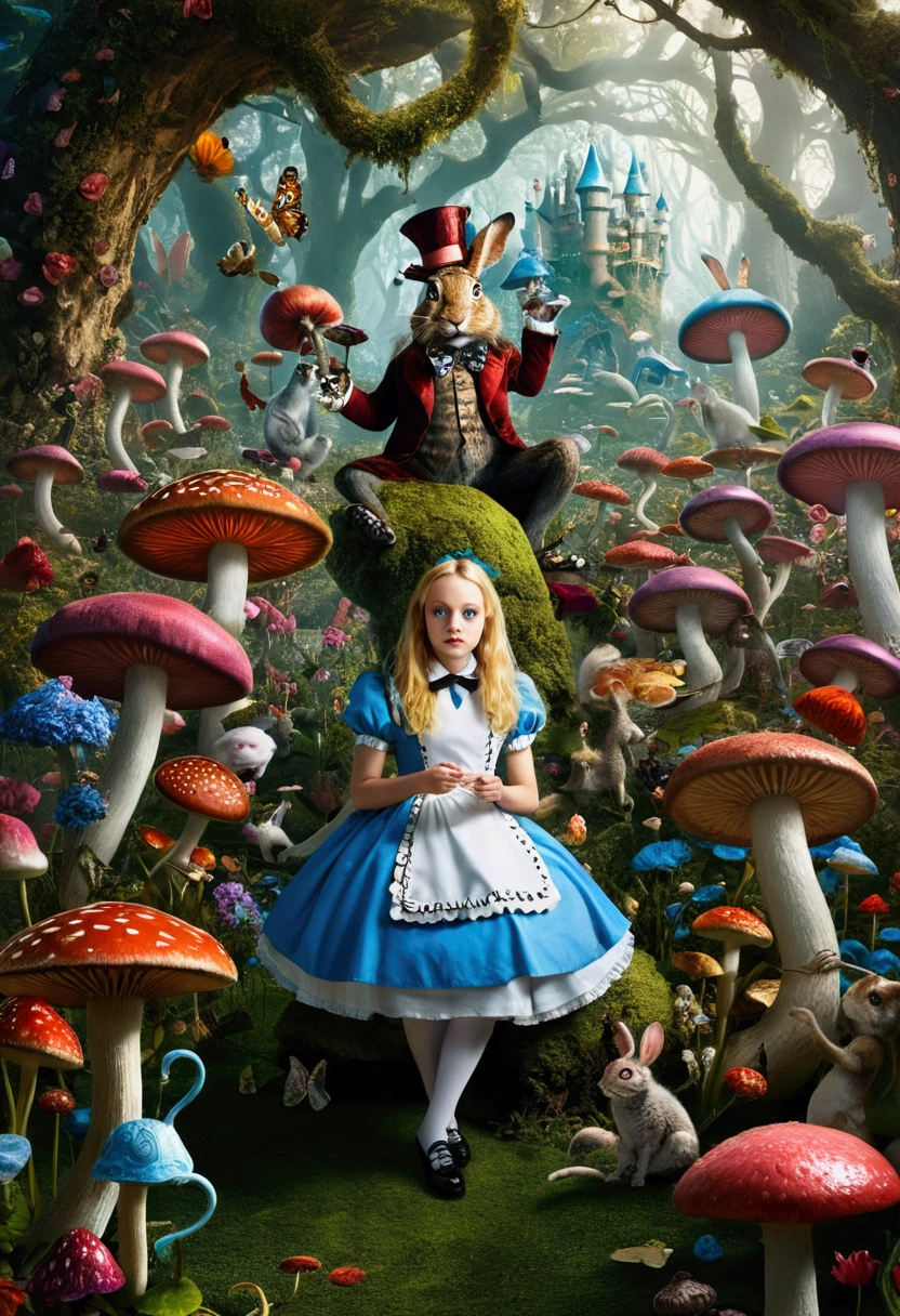 Alice in Wonderland, Magical creatures around you, masterpiece, detailed,exist
