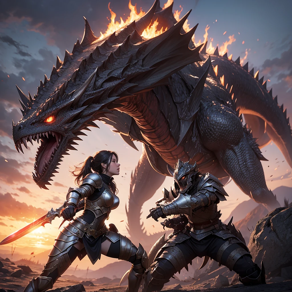 Seen from a distance, a beautiful girl with full armor and sword and shield, facing and fighting a monstrous dragon, fire breath, epic details, 