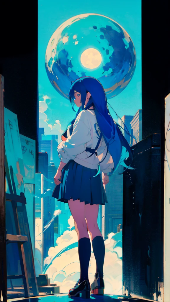 Blue-haired long hair,Design clothing,Seven-doppelganger shot,Anime style 4K,Anime girl with teal hair,High quality anime art style,Standing painting,Splash ink background,Blue Themes、Pure white background,Buildings,Face close-up,Buildings,Moon and sun、Long legs, whale flying in the sky,giant whale