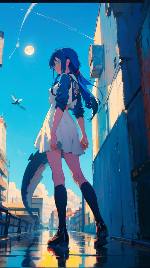 Blue-haired long hair,Design clothing,Seven-doppelganger shot,Anime style 4K,Anime girl with teal hair,High quality anime art style,Standing painting,Splash ink background,Blue Themes、Pure white background,Buildings,Face close-up,Buildings,Moon and sun、Long legs, whale flying in the sky,giant whale