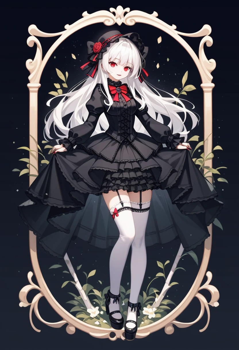 masterpiece, top-quality, masterpiece, top-quality,ighly detailed,{top-quality}, {{masterpiece}}, {hight resolution},original, {extremely delicate and beautiful},masterpiece, top-quality,ighly detailed,{top-quality},white hair, gothic ta, full body, standing, white thighhighs, short dress, black dress,