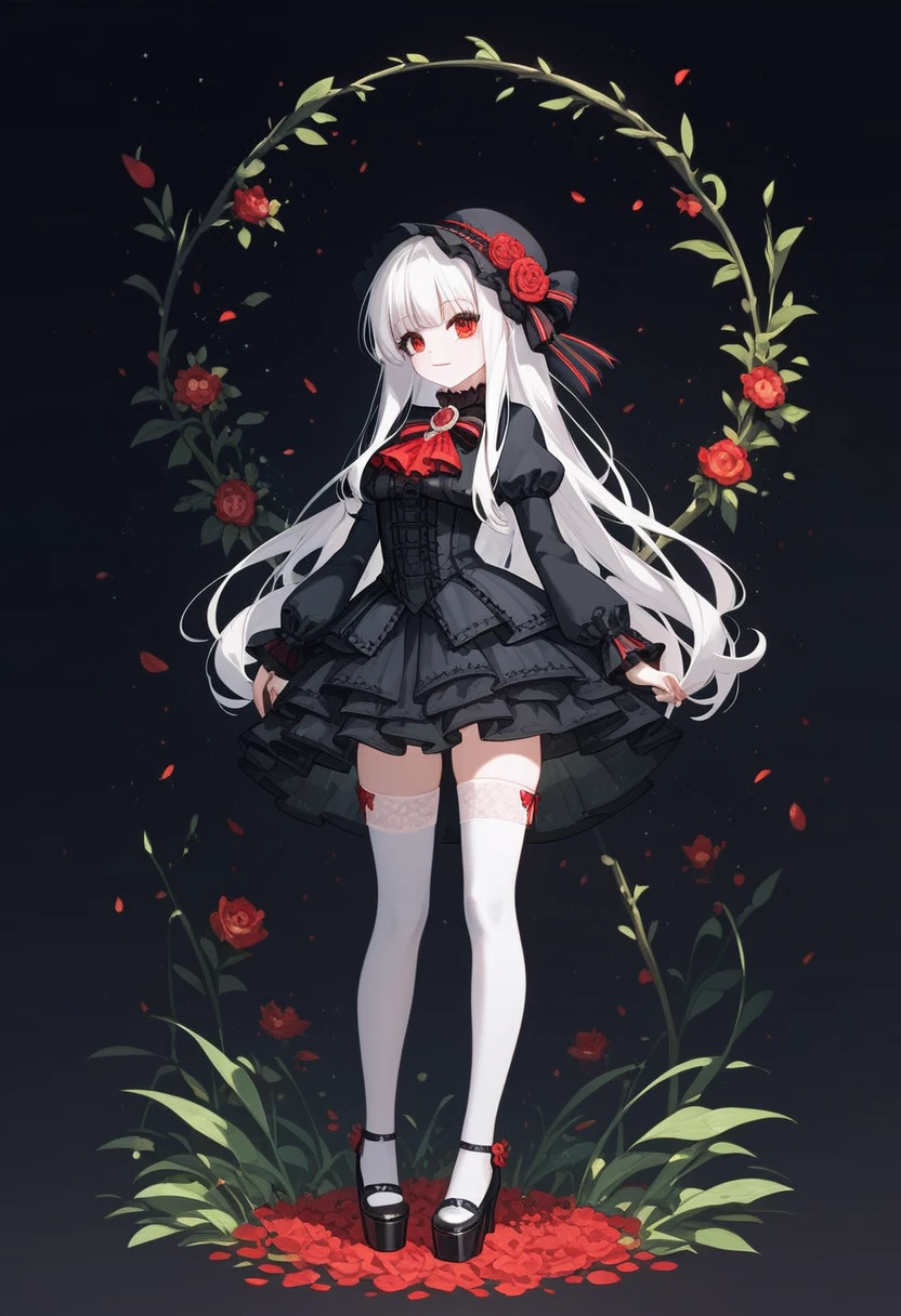 masterpiece, top-quality, masterpiece, top-quality,ighly detailed,{top-quality}, {{masterpiece}}, {hight resolution},original, {extremely delicate and beautiful},masterpiece, top-quality,ighly detailed,{top-quality},white hair, gothic lolita, full body, standing, white thighhighs, short dress, black dress,