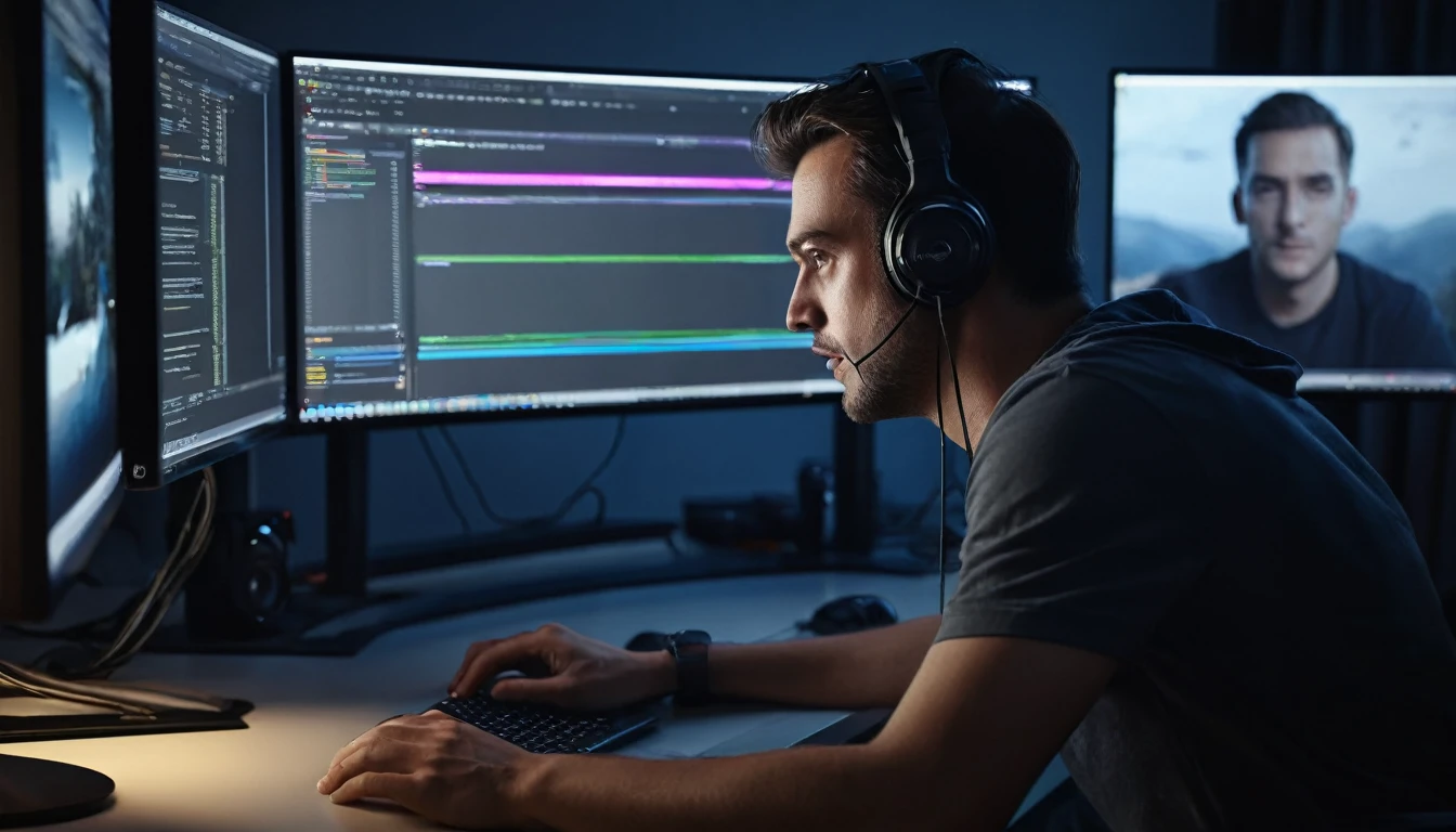 a man sitting at a computer desk, back turned, editing video on a computer screen, cinematic lighting, detailed facial features, (best quality,4k,8k,highres,masterpiece:1.2),ultra-detailed,(realistic,photorealistic,photo-realistic:1.37),digital art,studio lighting,sharp focus,physically-based rendering,extreme detail description,professional,vivid colors,cinematic composition