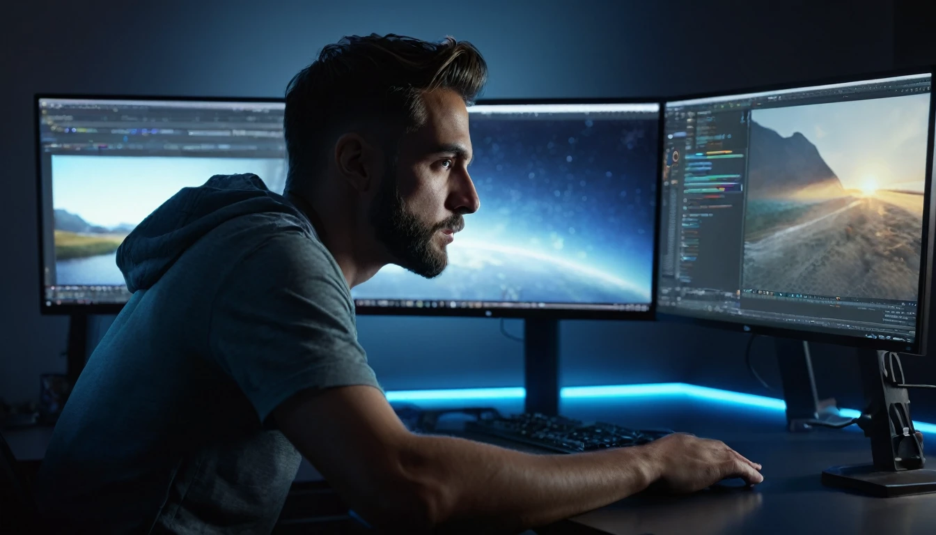 a man sitting at a computer desk, back turned, editing video on a computer screen, cinematic lighting, detailed facial features, (best quality,4k,8k,highres,masterpiece:1.2),ultra-detailed,(realistic,photorealistic,photo-realistic:1.37),digital art,studio lighting,sharp focus,physically-based rendering,extreme detail description,professional,vivid colors,cinematic composition