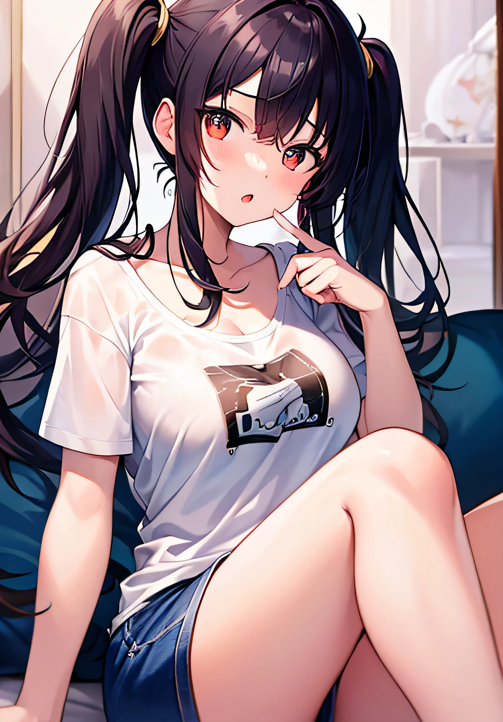 masterpiece、Highest quality、Ultra-high resolution、 girl with big breasts、twin tail hairstyle、black hair、Red face、shyly、open your mouth just a little、white T-shirt、loungewear shorts、inside lounge room、sitting on the sofa、at night time