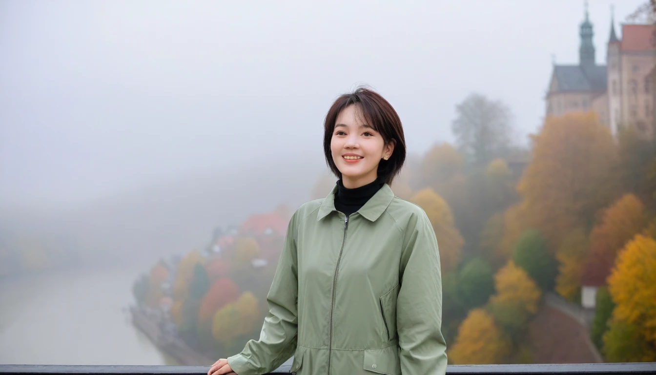 high quality, 1 woman, ((36 years old 건강한 한국 여성)), ((36 years old)), 1 woman, The eyes are big and beautiful. ((slim)), ((short medium hair)), laugh. pose: standing, windbreaker jacket, background:Your residence is a baroque townhouse with a plaster façade and wrought iron railings.... Overlooking the Heidelberg River, Germany, autumn, Morning fog,, looking slightly upward, 1 woman, Full body shot with Canon 16-34 wide angle lens, View: river view, look up to the side, There is a thick fog in the river.