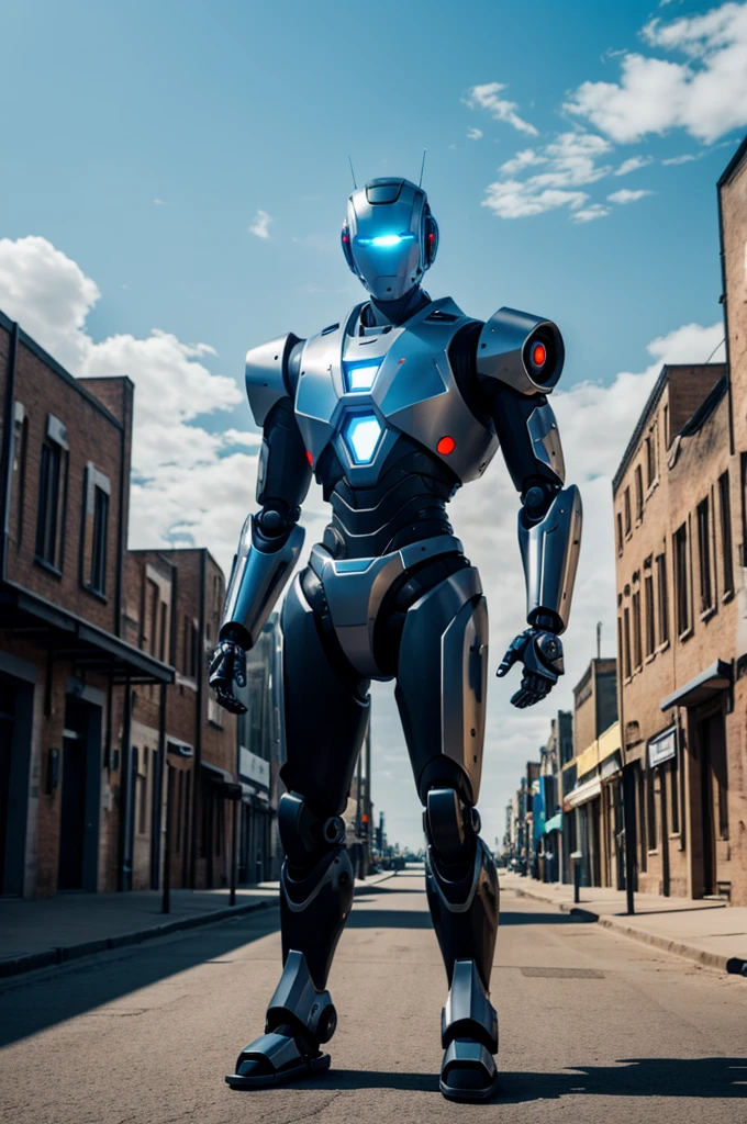 Full body futuristic robot looking at camera, stand in right, futuristic town background, day time, 4k resolution, far away from camera little bit.