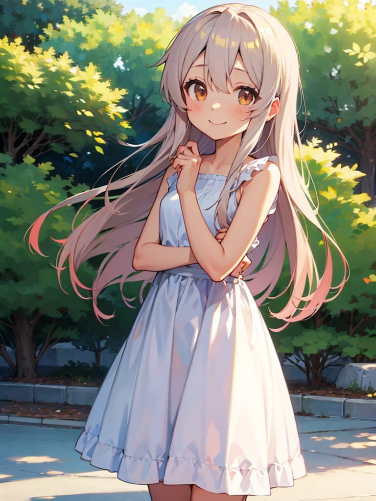 masterpiece, best quality, oyamamahiro, solo, (petite), long hair,
 smile, standing, sundress, park,